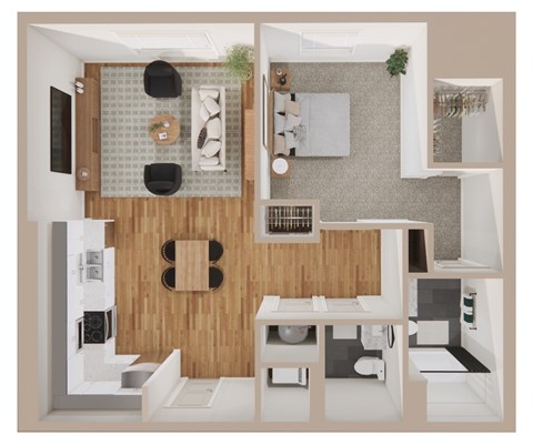 Floor plan for 1 bed, 1.5 baths, 867 sqft